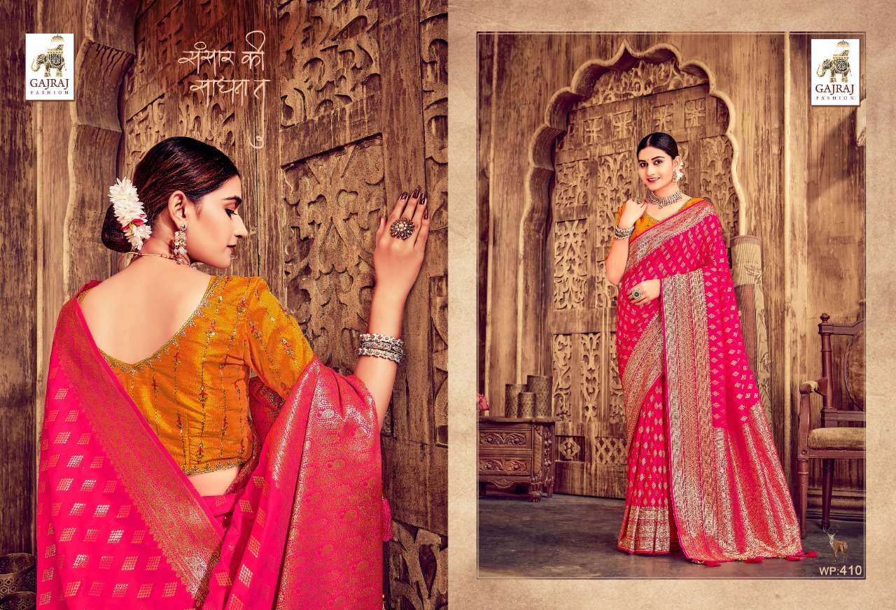 GAJRAJ 401 SERIES BY GAJRAJ FASHION 401 TO 410 SERIES INDIAN TRADITIONAL WEAR COLLECTION BEAUTIFUL STYLISH FANCY COLORFUL PARTY WEAR & OCCASIONAL WEAR BANARASI SILK SAREES AT WHOLESALE PRICE
