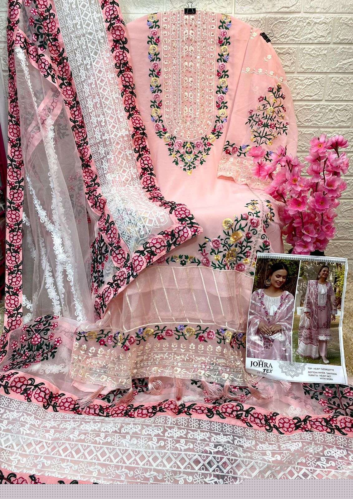 JOHRA HIT DESIGN 107 BY JOHRA TEX DESIGNS DESIGNER PAKISTANI SUITS BEAUTIFUL STYLISH FANCY COLORFUL PARTY WEAR & OCCASIONAL WEAR HEAVY GEORGETTE EMBROIDERED DRESSES AT WHOLESALE PRICE