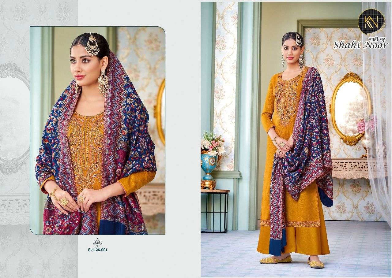 SHAHI NOOR BY KULNIDHI 1126-001 TO 1126-006 SERIES BEAUTIFUL SHARARA SUITS COLORFUL STYLISH FANCY CASUAL WEAR & ETHNIC WEAR PURE VISCOSE PASHMINA EMBROIDERED DRESSES AT WHOLESALE PRICE