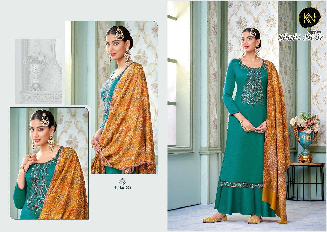 SHAHI NOOR BY KULNIDHI 1126-001 TO 1126-006 SERIES BEAUTIFUL SHARARA SUITS COLORFUL STYLISH FANCY CASUAL WEAR & ETHNIC WEAR PURE VISCOSE PASHMINA EMBROIDERED DRESSES AT WHOLESALE PRICE