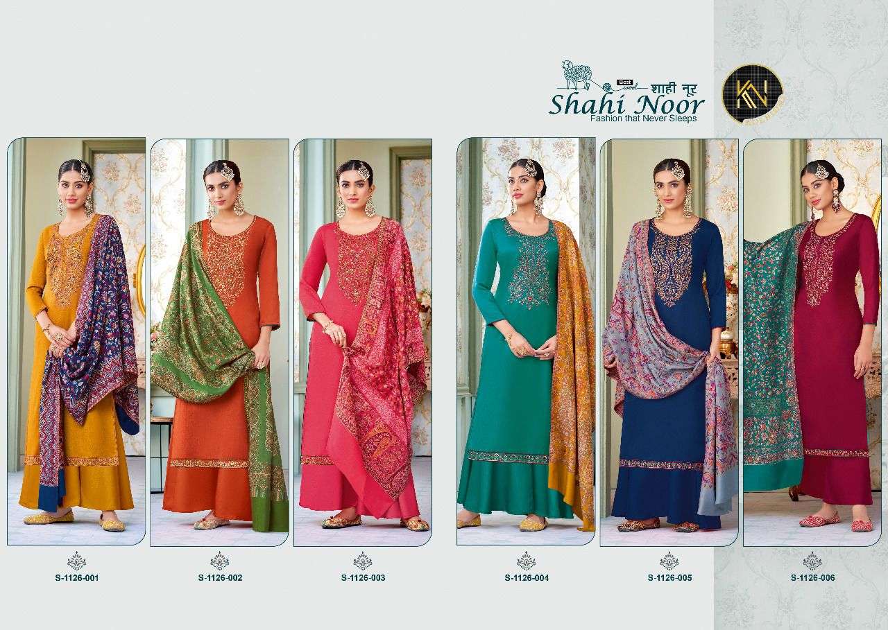 SHAHI NOOR BY KULNIDHI 1126-001 TO 1126-006 SERIES BEAUTIFUL SHARARA SUITS COLORFUL STYLISH FANCY CASUAL WEAR & ETHNIC WEAR PURE VISCOSE PASHMINA EMBROIDERED DRESSES AT WHOLESALE PRICE
