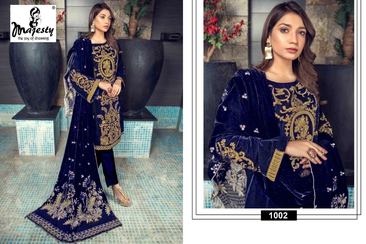 RANG RASIYA BY MAJESTY 1001 TO 1005 SERIES DESIGNER PAKISTANI SUITS COLLECTION BEAUTIFUL STYLISH FANCY COLORFUL PARTY WEAR & OCCASIONAL WEAR VELVET EMBROIDERED DRESSES AT WHOLESALE PRICE