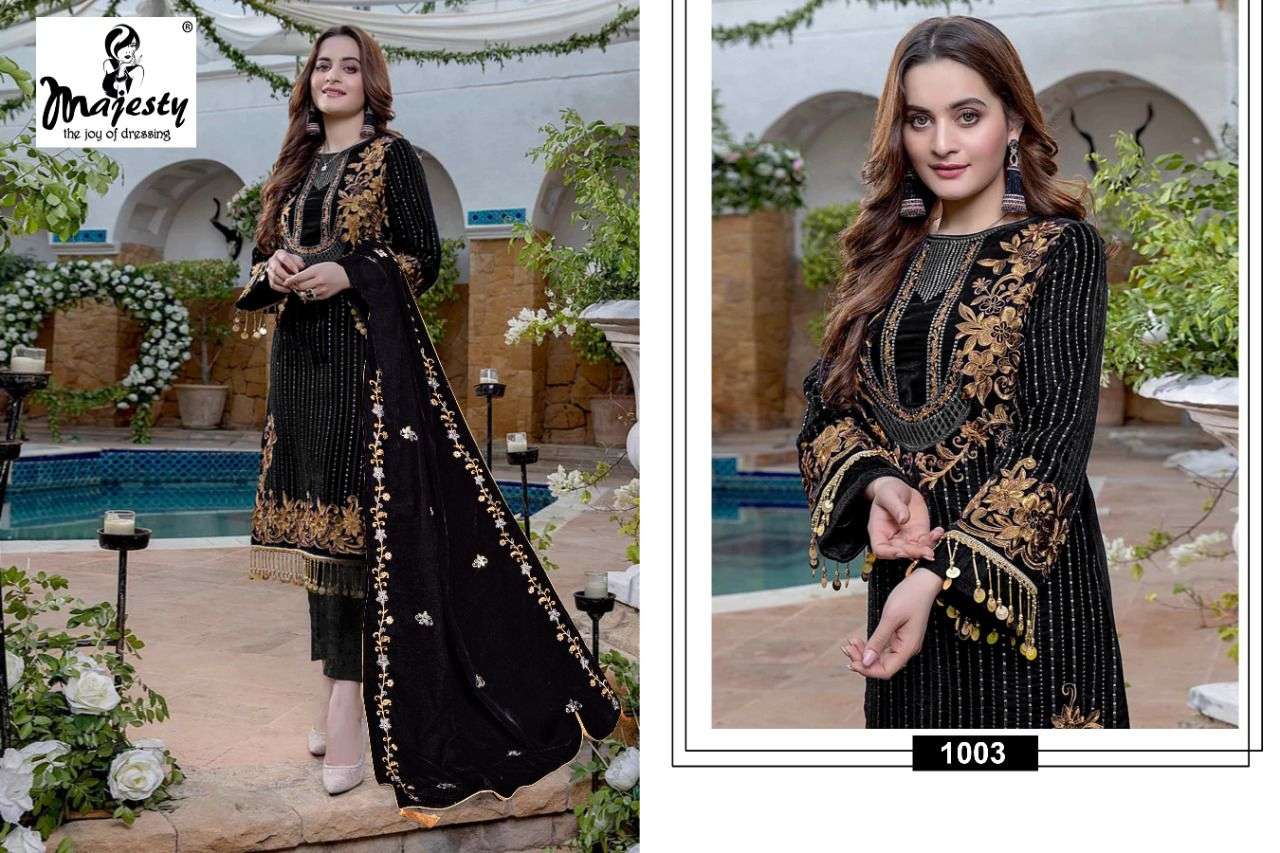 RANG RASIYA BY MAJESTY 1001 TO 1005 SERIES DESIGNER PAKISTANI SUITS COLLECTION BEAUTIFUL STYLISH FANCY COLORFUL PARTY WEAR & OCCASIONAL WEAR VELVET EMBROIDERED DRESSES AT WHOLESALE PRICE