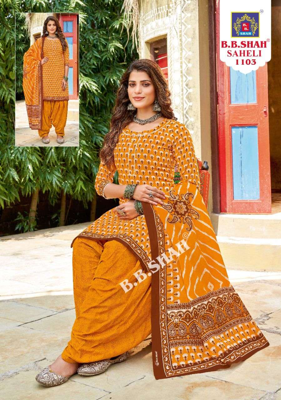 SAHELI VOL-1 BY B B SHAH 1101 TO 1112 SERIES DESIGNER SUITS COLLECTION BEAUTIFUL STYLISH FANCY COLORFUL PARTY WEAR & OCCASIONAL WEAR FAUX PURE COTTON EMBROIDERED DRESSES AT WHOLESALE PRICE