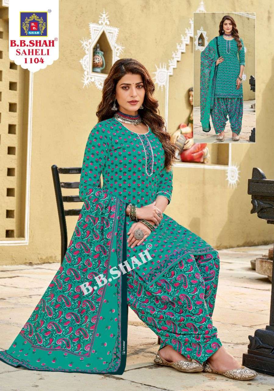 SAHELI VOL-1 BY B B SHAH 1101 TO 1112 SERIES DESIGNER SUITS COLLECTION BEAUTIFUL STYLISH FANCY COLORFUL PARTY WEAR & OCCASIONAL WEAR FAUX PURE COTTON EMBROIDERED DRESSES AT WHOLESALE PRICE