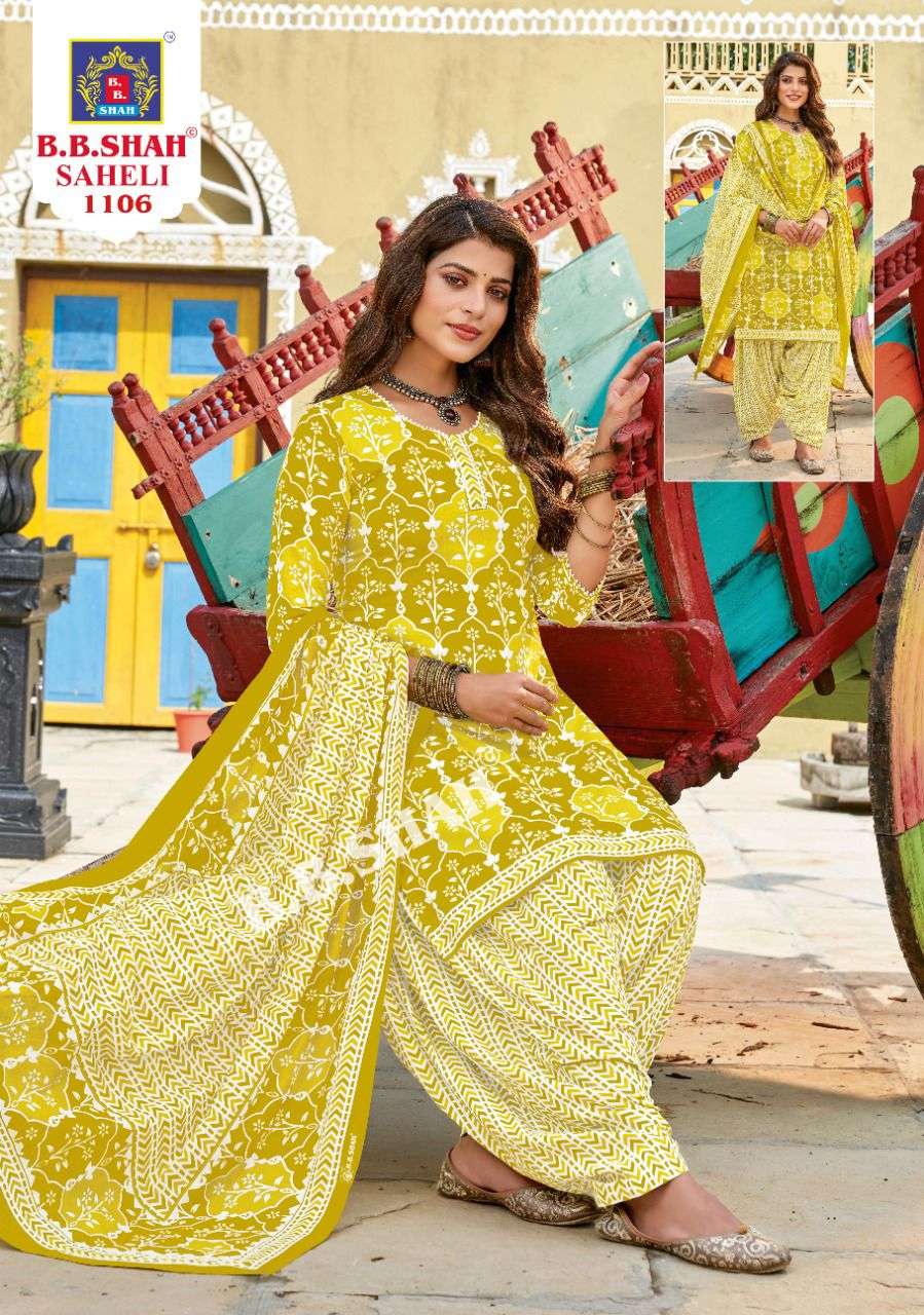 SAHELI VOL-1 BY B B SHAH 1101 TO 1112 SERIES DESIGNER SUITS COLLECTION BEAUTIFUL STYLISH FANCY COLORFUL PARTY WEAR & OCCASIONAL WEAR FAUX PURE COTTON EMBROIDERED DRESSES AT WHOLESALE PRICE