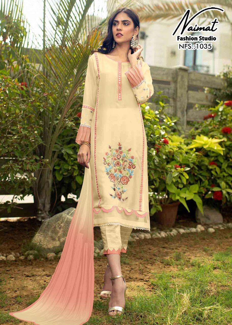 NAIMAT 1035 COLOURS BY NAIMAT FASHION STUDIO 1035-A TO 1035-C SERIES BEAUTIFUL PAKISTANI SUITS COLORFUL STYLISH FANCY CASUAL WEAR & ETHNIC WEAR PURE FAUX DRESSES AT WHOLESALE PRICE