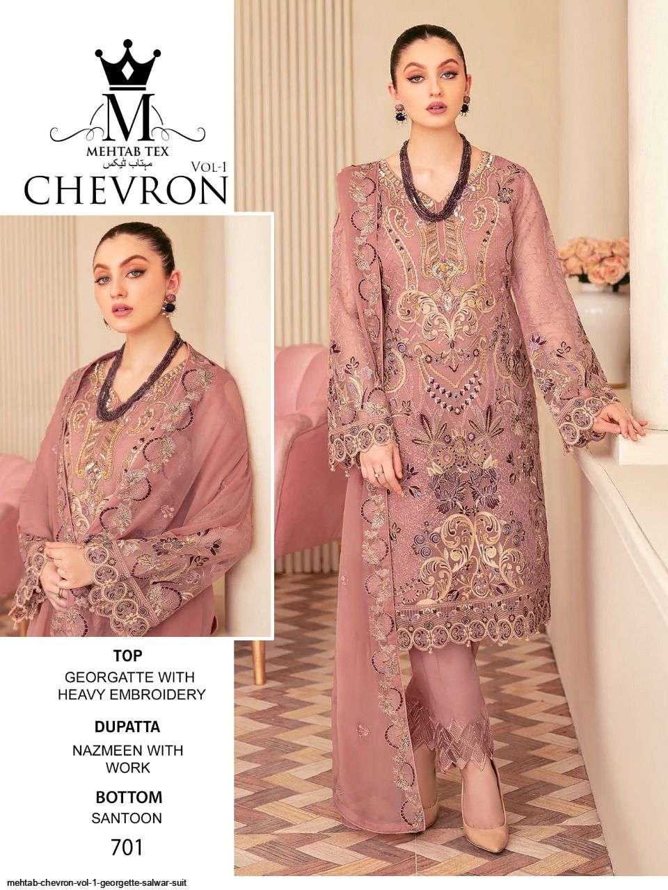 Chevron Vol-1 By Mehtab Tex 701 To 703 Series Pakistani Suits Beautiful Fancy Colorful Stylish Party Wear & Occasional Wear Georgette Embroidery Dresses At Wholesale Price