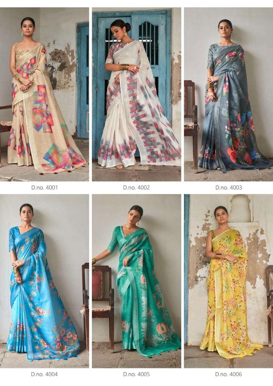 Saavni Vol-1 By Bhumi 4001 To 4006 Series Indian Traditional Wear Collection Beautiful Stylish Fancy Colorful Party Wear & Occasional Wear Soft Linen Sarees At Wholesale Price