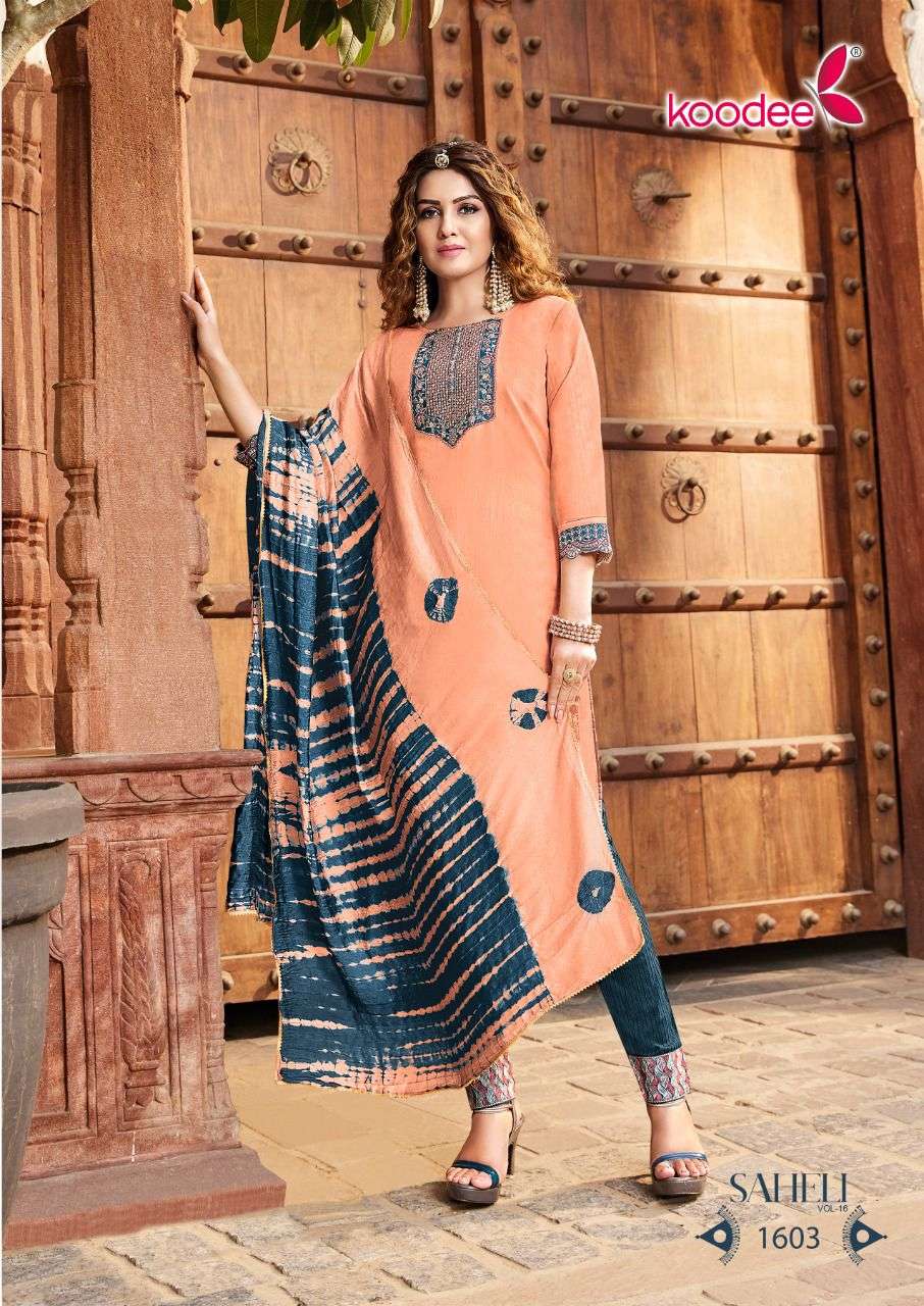 Saheli Vol-16 By Koodee 1601 To 1606 Series Designer Festive Suits Collection Beautiful Stylish Fancy Colorful Party Wear & Occasional Wear Chinnon Dresses At Wholesale Price