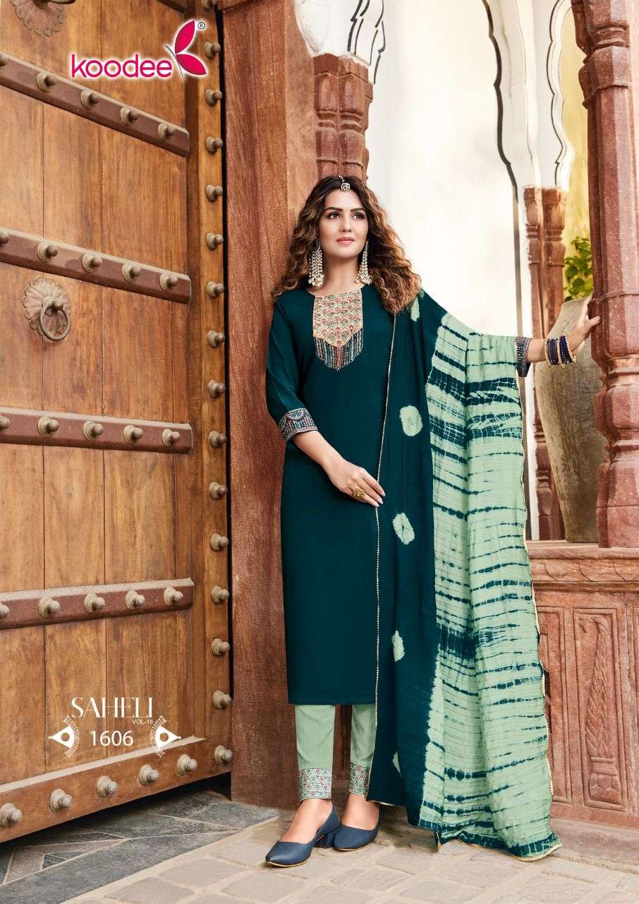 Saheli Vol-16 By Koodee 1601 To 1606 Series Designer Festive Suits Collection Beautiful Stylish Fancy Colorful Party Wear & Occasional Wear Chinnon Dresses At Wholesale Price