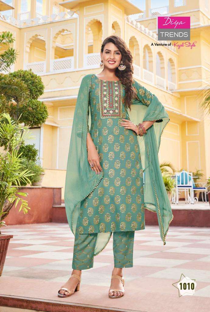 ZUBEDA VOL-1 BY DIYA TRENDS 1001 TO 1010 SERIES SUITS BEAUTIFUL FANCY COLORFUL STYLISH PARTY WEAR & OCCASIONAL WEAR RAYON PRINT DRESSES AT WHOLESALE PRICE