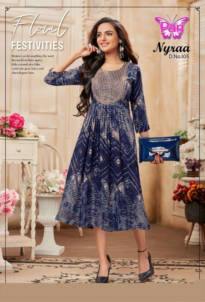 NYRAA BY PARI 101 TO 108 SERIES BEAUTIFUL STYLISH FANCY COLORFUL CASUAL WEAR & ETHNIC WEAR RAYON PRINTS KURTIS AT WHOLESALE PRICE