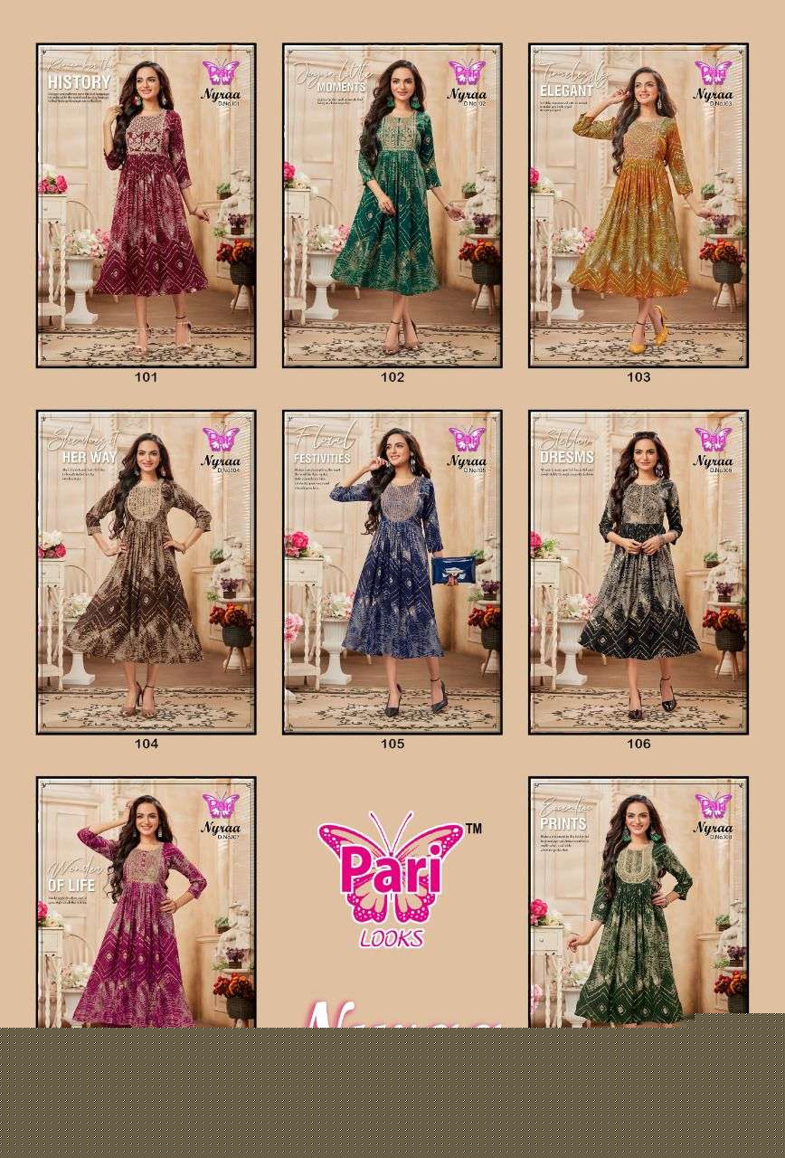 NYRAA BY PARI 101 TO 108 SERIES BEAUTIFUL STYLISH FANCY COLORFUL CASUAL WEAR & ETHNIC WEAR RAYON PRINTS KURTIS AT WHOLESALE PRICE