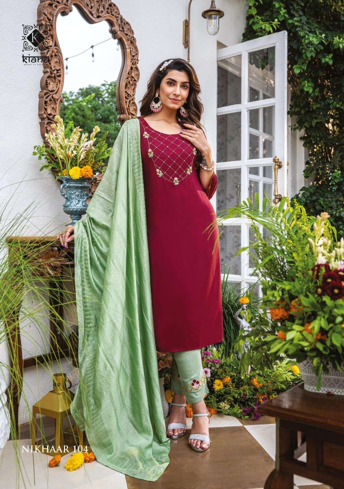 NIKHAAR BY KIANA 101 TO 105 SERIES BEAUTIFUL SUITS COLORFUL STYLISH FANCY CASUAL WEAR & ETHNIC WEAR HEAVY VISCOSE MUSLIN DRESSES AT WHOLESALE PRICE
