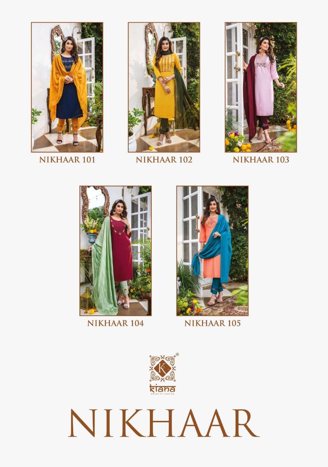 NIKHAAR BY KIANA 101 TO 105 SERIES BEAUTIFUL SUITS COLORFUL STYLISH FANCY CASUAL WEAR & ETHNIC WEAR HEAVY VISCOSE MUSLIN DRESSES AT WHOLESALE PRICE