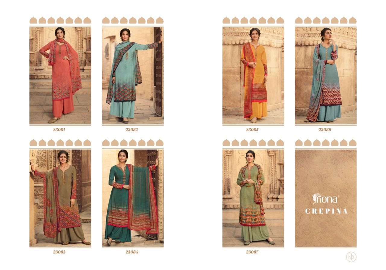 CREPINA BY FIONA 23081 TO 23087 SERIES BEAUTIFUL SUITS COLORFUL STYLISH FANCY CASUAL WEAR & ETHNIC WEAR CREPE EMBROIDERED DRESSES AT WHOLESALE PRICE