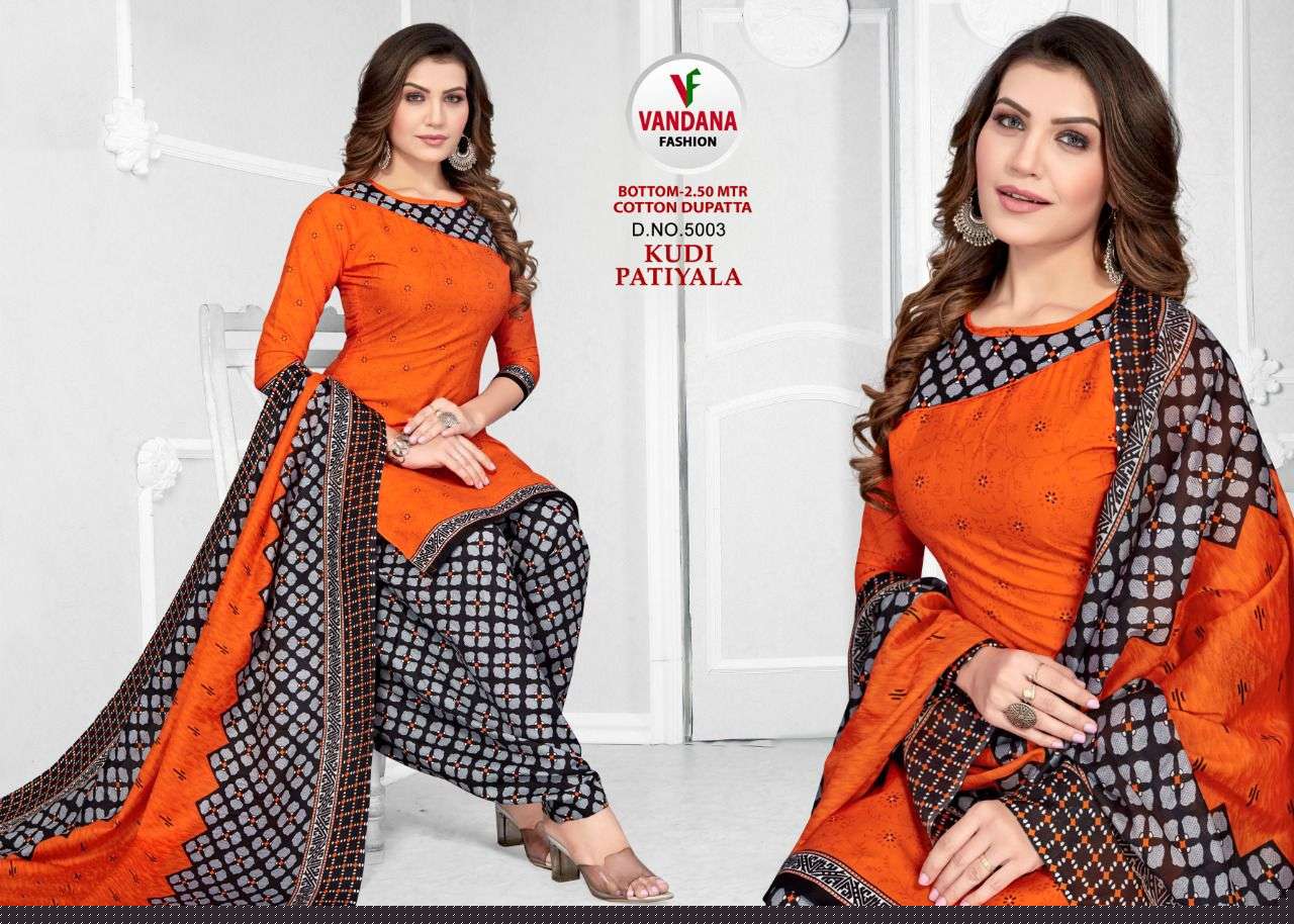 KUDI PATIYALA VOL-5 BY VANDANA 5001 TO 5012 SERIES BEAUTIFUL SUITS COLORFUL STYLISH FANCY CASUAL WEAR & ETHNIC WEAR COTTON PRINT DRESSES AT WHOLESALE PRICE