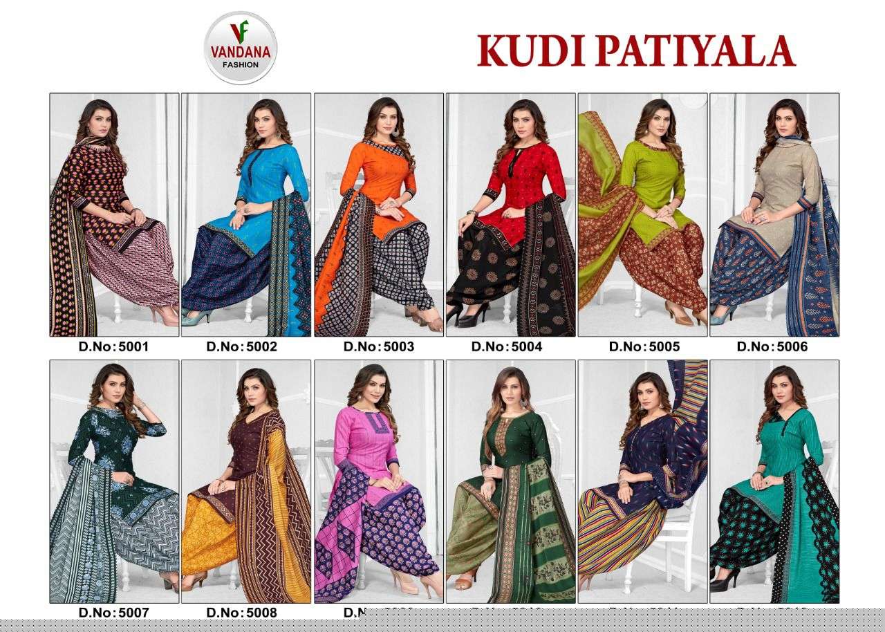 KUDI PATIYALA VOL-5 BY VANDANA 5001 TO 5012 SERIES BEAUTIFUL SUITS COLORFUL STYLISH FANCY CASUAL WEAR & ETHNIC WEAR COTTON PRINT DRESSES AT WHOLESALE PRICE