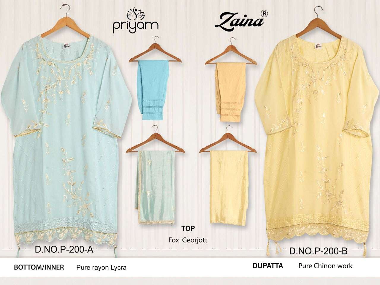 ZAINA HIT COLLECTION VOL-6 BY PRIYAM 195-A TO 200-B SERIES DESIGNER PAKISTANI SUITS BEAUTIFUL FANCY COLORFUL STYLISH PARTY WEAR & OCCASIONAL WEAR FAUX GEORGETTE DRESSES AT WHOLESALE PRICE