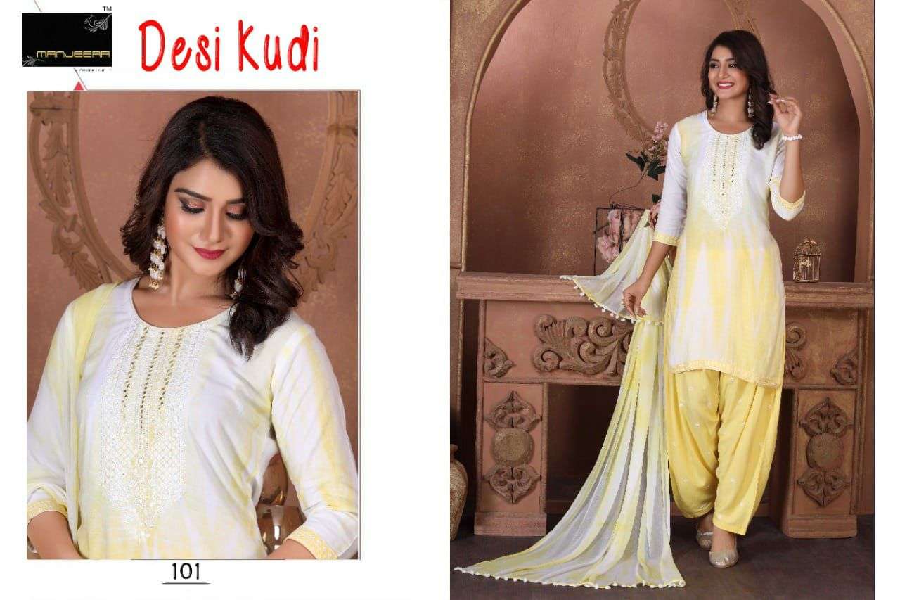 DESI KUDI BY MANJEERA 101 TO 108 SERIES BEAUTIFUL PATIYALA SUITS COLORFUL STYLISH FANCY CASUAL WEAR & ETHNIC WEAR RAYON WITH WORK DRESSES AT WHOLESALE PRICE