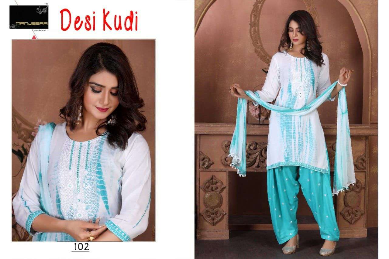 DESI KUDI BY MANJEERA 101 TO 108 SERIES BEAUTIFUL PATIYALA SUITS COLORFUL STYLISH FANCY CASUAL WEAR & ETHNIC WEAR RAYON WITH WORK DRESSES AT WHOLESALE PRICE