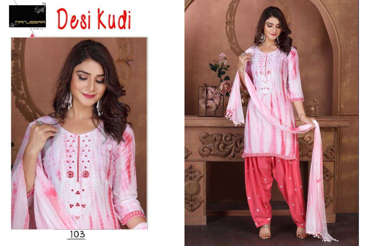 DESI KUDI BY MANJEERA 101 TO 108 SERIES BEAUTIFUL PATIYALA SUITS COLORFUL STYLISH FANCY CASUAL WEAR & ETHNIC WEAR RAYON WITH WORK DRESSES AT WHOLESALE PRICE