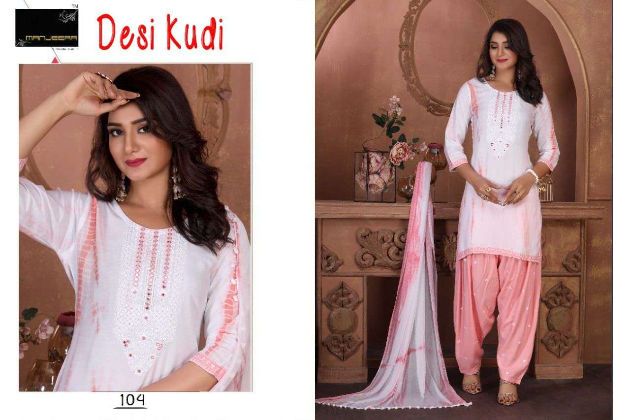 DESI KUDI BY MANJEERA 101 TO 108 SERIES BEAUTIFUL PATIYALA SUITS COLORFUL STYLISH FANCY CASUAL WEAR & ETHNIC WEAR RAYON WITH WORK DRESSES AT WHOLESALE PRICE