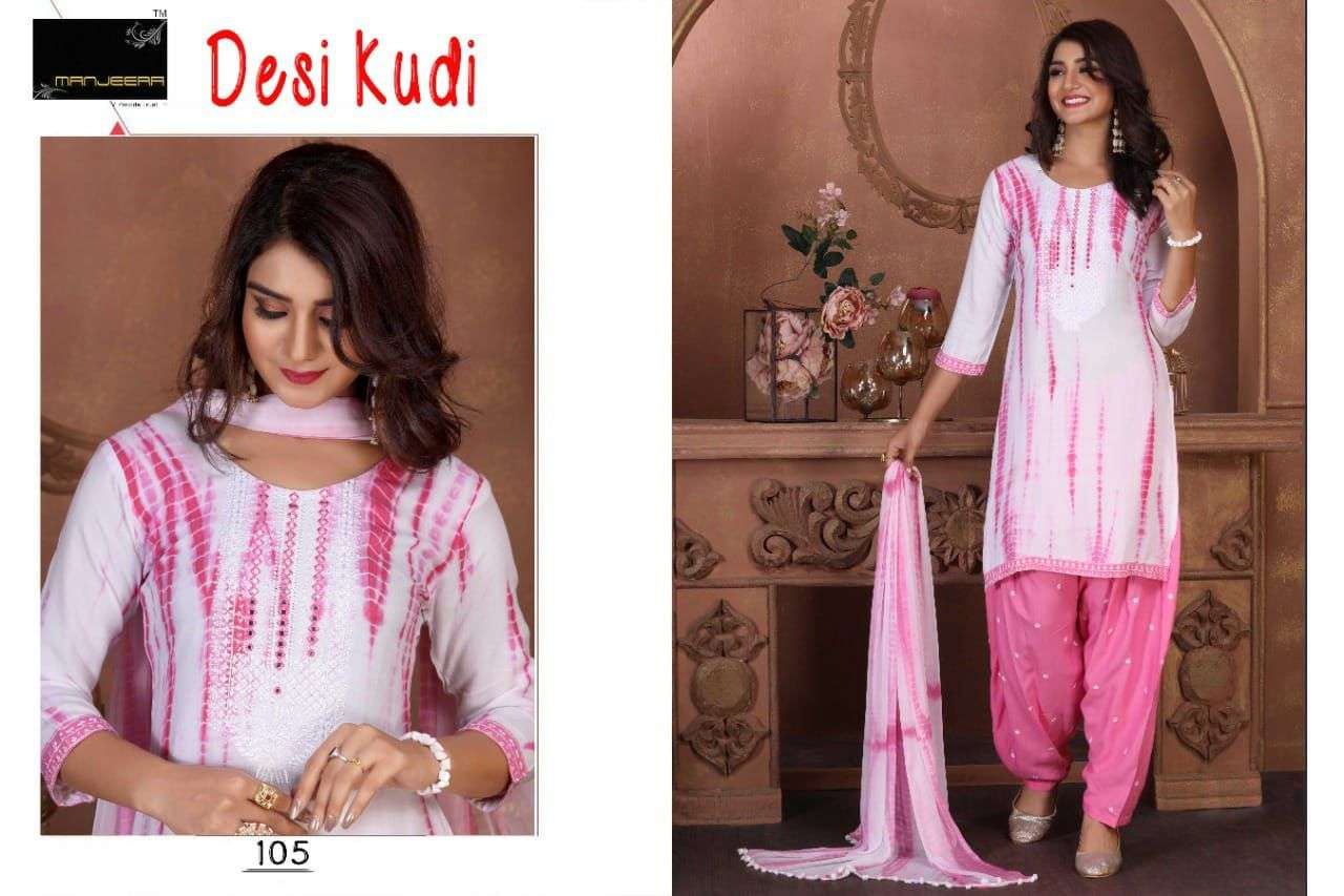 DESI KUDI BY MANJEERA 101 TO 108 SERIES BEAUTIFUL PATIYALA SUITS COLORFUL STYLISH FANCY CASUAL WEAR & ETHNIC WEAR RAYON WITH WORK DRESSES AT WHOLESALE PRICE