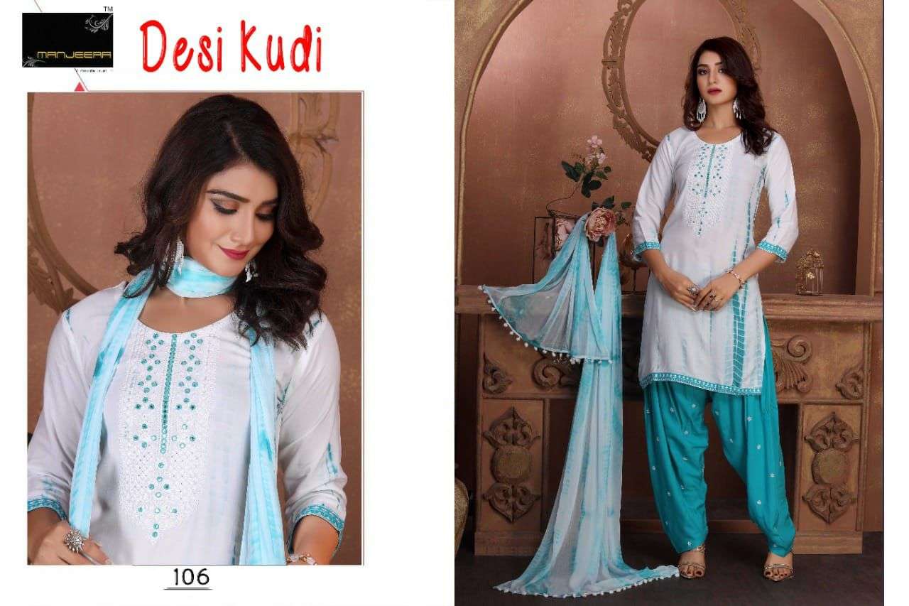 DESI KUDI BY MANJEERA 101 TO 108 SERIES BEAUTIFUL PATIYALA SUITS COLORFUL STYLISH FANCY CASUAL WEAR & ETHNIC WEAR RAYON WITH WORK DRESSES AT WHOLESALE PRICE