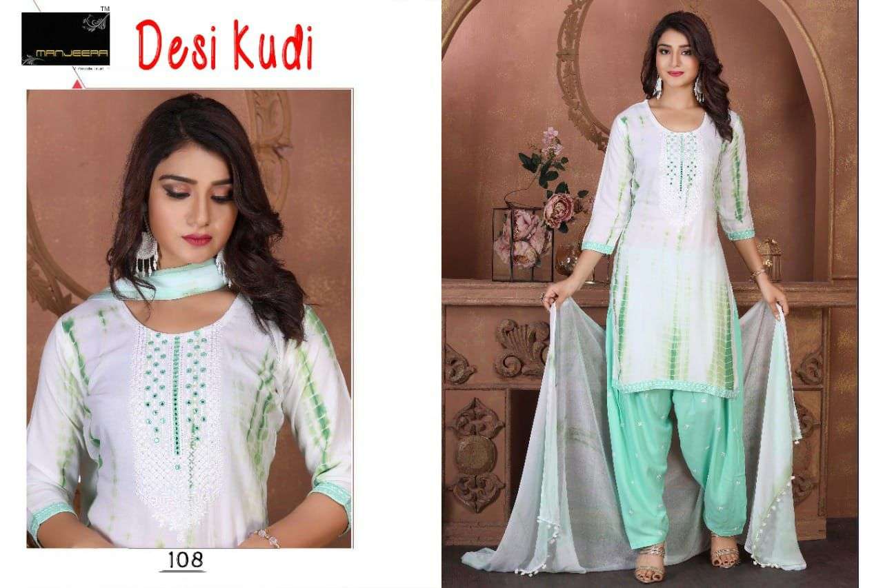 DESI KUDI BY MANJEERA 101 TO 108 SERIES BEAUTIFUL PATIYALA SUITS COLORFUL STYLISH FANCY CASUAL WEAR & ETHNIC WEAR RAYON WITH WORK DRESSES AT WHOLESALE PRICE