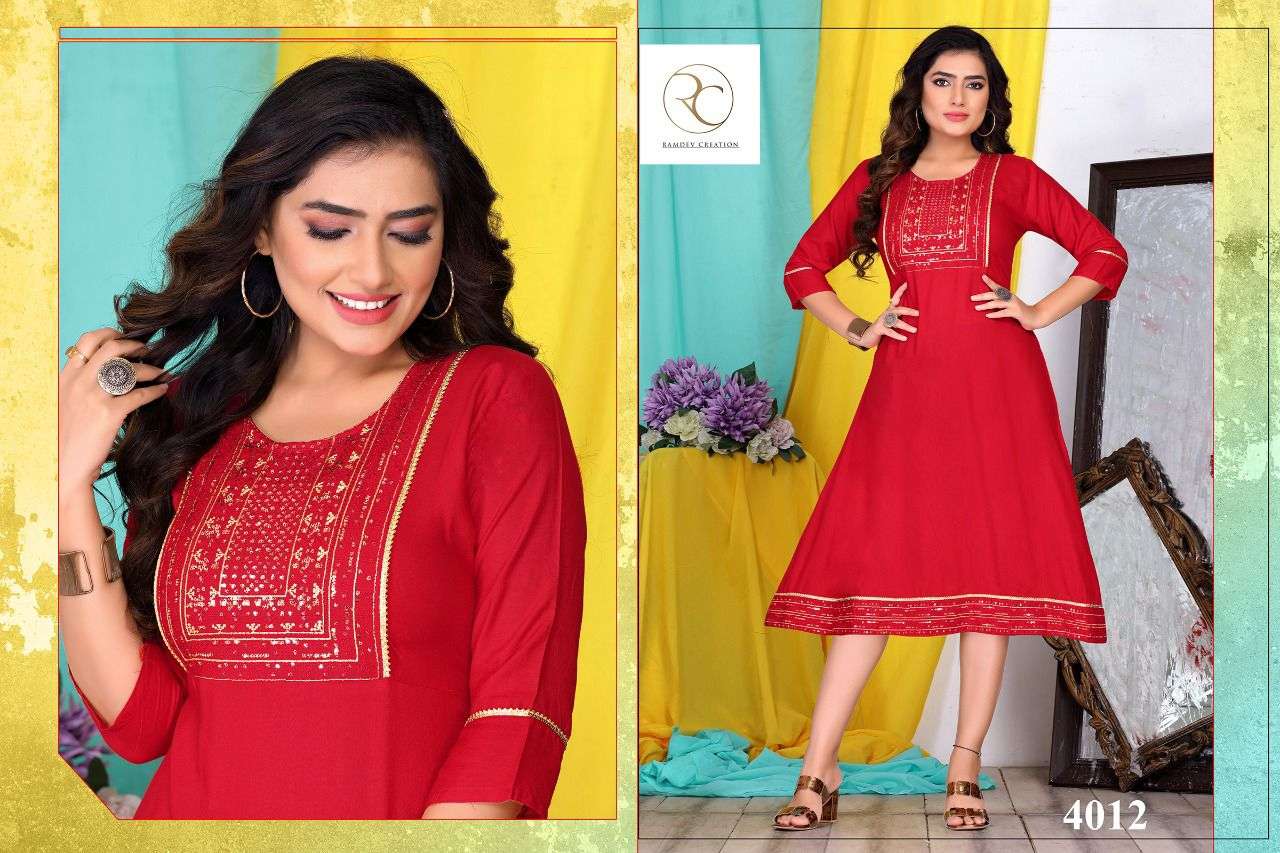 KAINAT BY RC 4011 TO 4018 SERIES BEAUTIFUL STYLISH FANCY COLORFUL CASUAL WEAR & ETHNIC WEAR RAYON WITH WORK KURTIS AT WHOLESALE PRICE