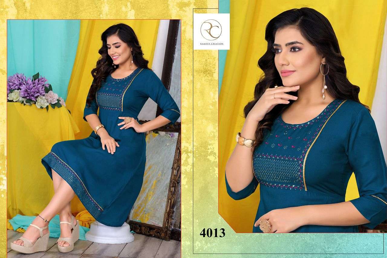 KAINAT BY RC 4011 TO 4018 SERIES BEAUTIFUL STYLISH FANCY COLORFUL CASUAL WEAR & ETHNIC WEAR RAYON WITH WORK KURTIS AT WHOLESALE PRICE