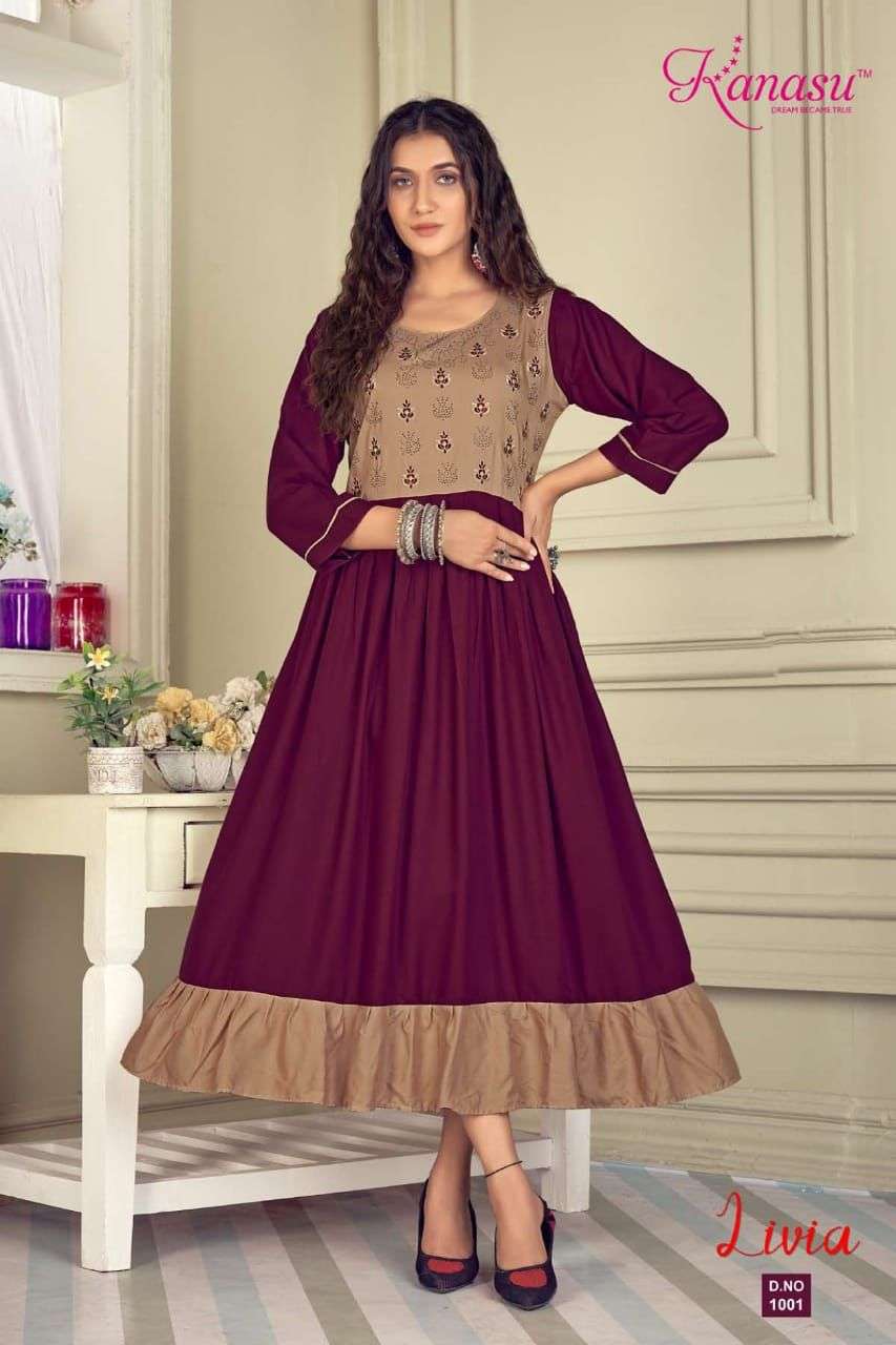 LIVIA BY KANASU 1001 TO 1008 SERIES BEAUTIFUL STYLISH FANCY COLORFUL CASUAL WEAR & ETHNIC WEAR RAYON EMBROIDERED KURTIS AT WHOLESALE PRICE