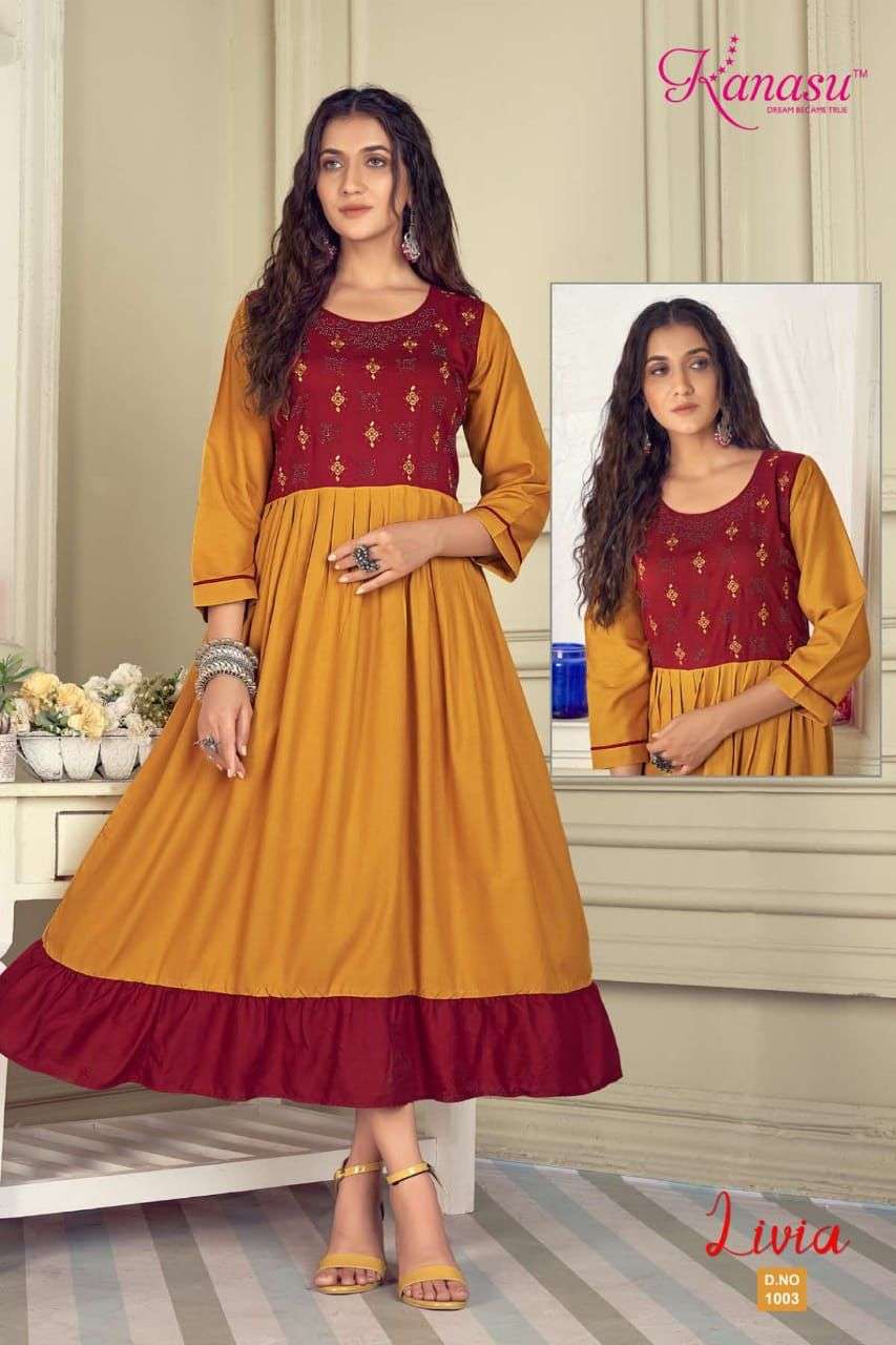 LIVIA BY KANASU 1001 TO 1008 SERIES BEAUTIFUL STYLISH FANCY COLORFUL CASUAL WEAR & ETHNIC WEAR RAYON EMBROIDERED KURTIS AT WHOLESALE PRICE
