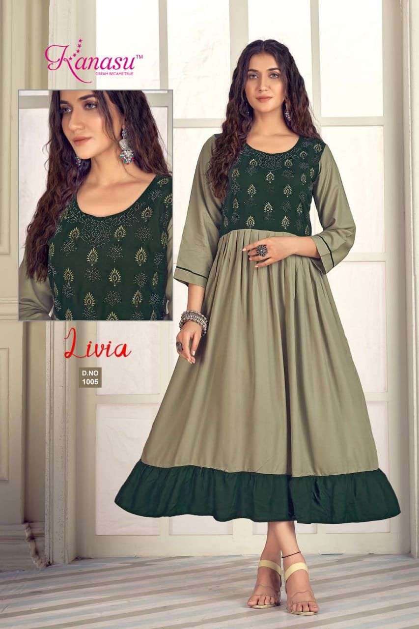 LIVIA BY KANASU 1001 TO 1008 SERIES BEAUTIFUL STYLISH FANCY COLORFUL CASUAL WEAR & ETHNIC WEAR RAYON EMBROIDERED KURTIS AT WHOLESALE PRICE