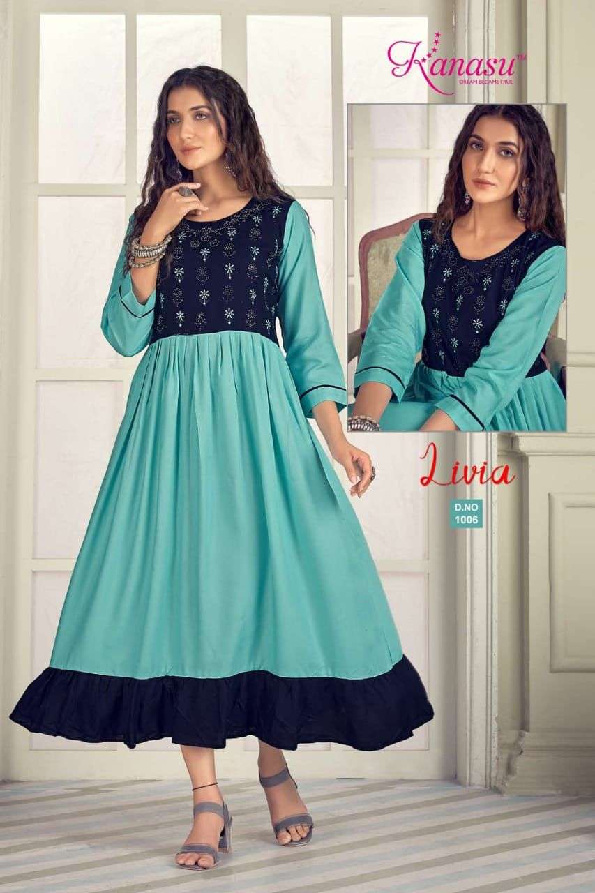 LIVIA BY KANASU 1001 TO 1008 SERIES BEAUTIFUL STYLISH FANCY COLORFUL CASUAL WEAR & ETHNIC WEAR RAYON EMBROIDERED KURTIS AT WHOLESALE PRICE
