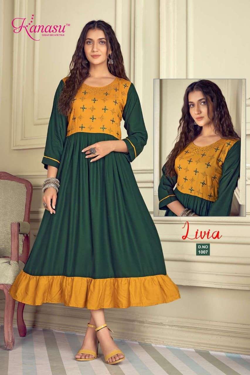 LIVIA BY KANASU 1001 TO 1008 SERIES BEAUTIFUL STYLISH FANCY COLORFUL CASUAL WEAR & ETHNIC WEAR RAYON EMBROIDERED KURTIS AT WHOLESALE PRICE