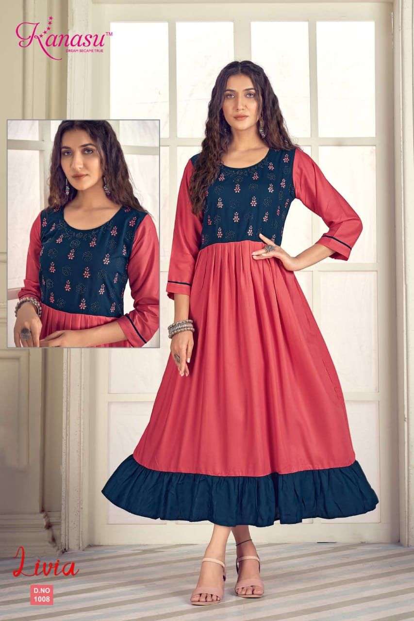 LIVIA BY KANASU 1001 TO 1008 SERIES BEAUTIFUL STYLISH FANCY COLORFUL CASUAL WEAR & ETHNIC WEAR RAYON EMBROIDERED KURTIS AT WHOLESALE PRICE