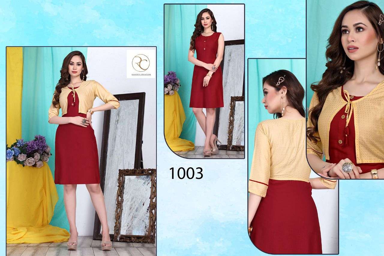 TIP TOP BY RC 1001 TO 1008 SERIES BEAUTIFUL STYLISH FANCY COLORFUL CASUAL WEAR & ETHNIC WEAR RAYON PRINT KURTIS WITH KOTI AT WHOLESALE PRICE