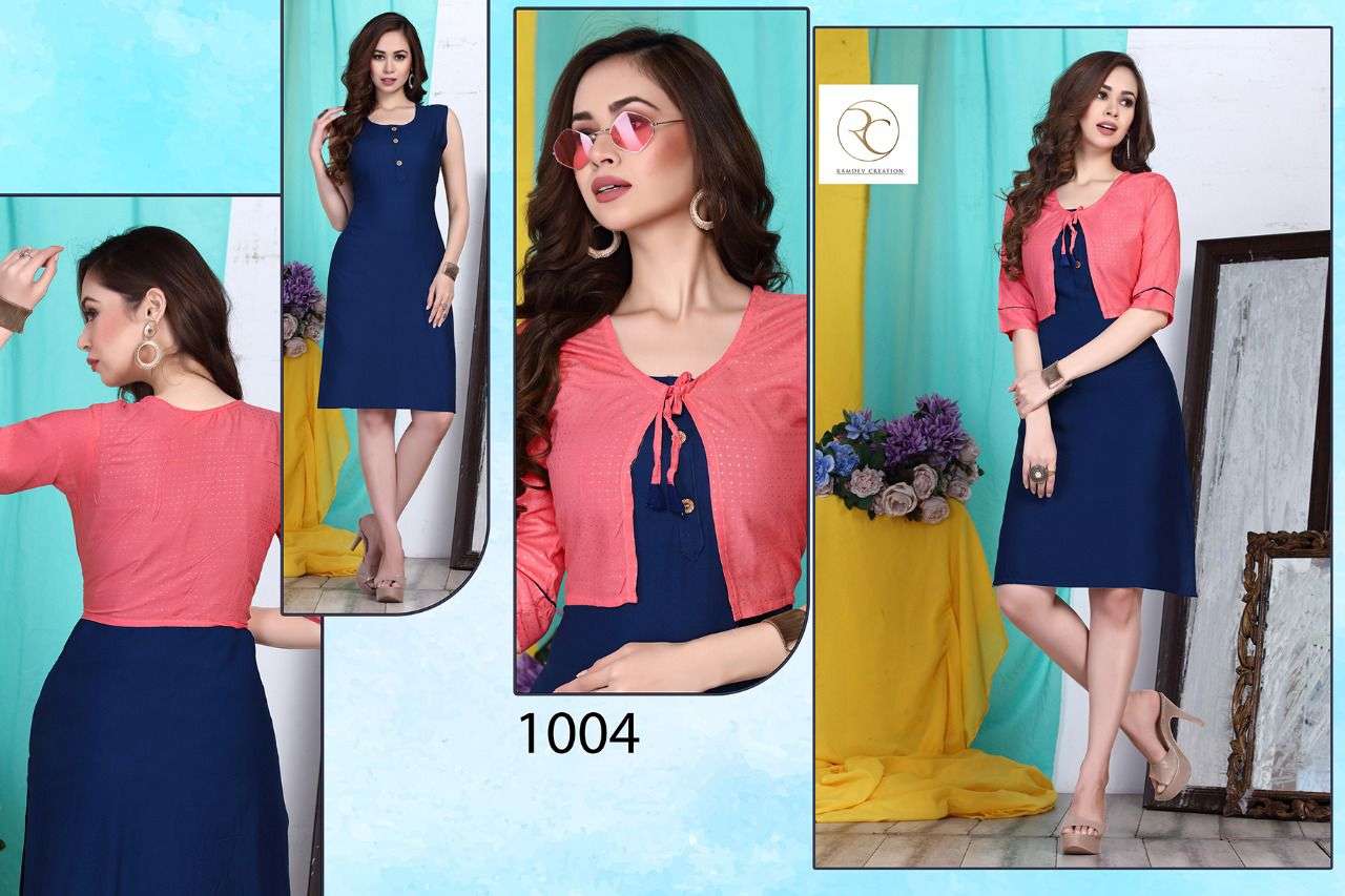 TIP TOP BY RC 1001 TO 1008 SERIES BEAUTIFUL STYLISH FANCY COLORFUL CASUAL WEAR & ETHNIC WEAR RAYON PRINT KURTIS WITH KOTI AT WHOLESALE PRICE