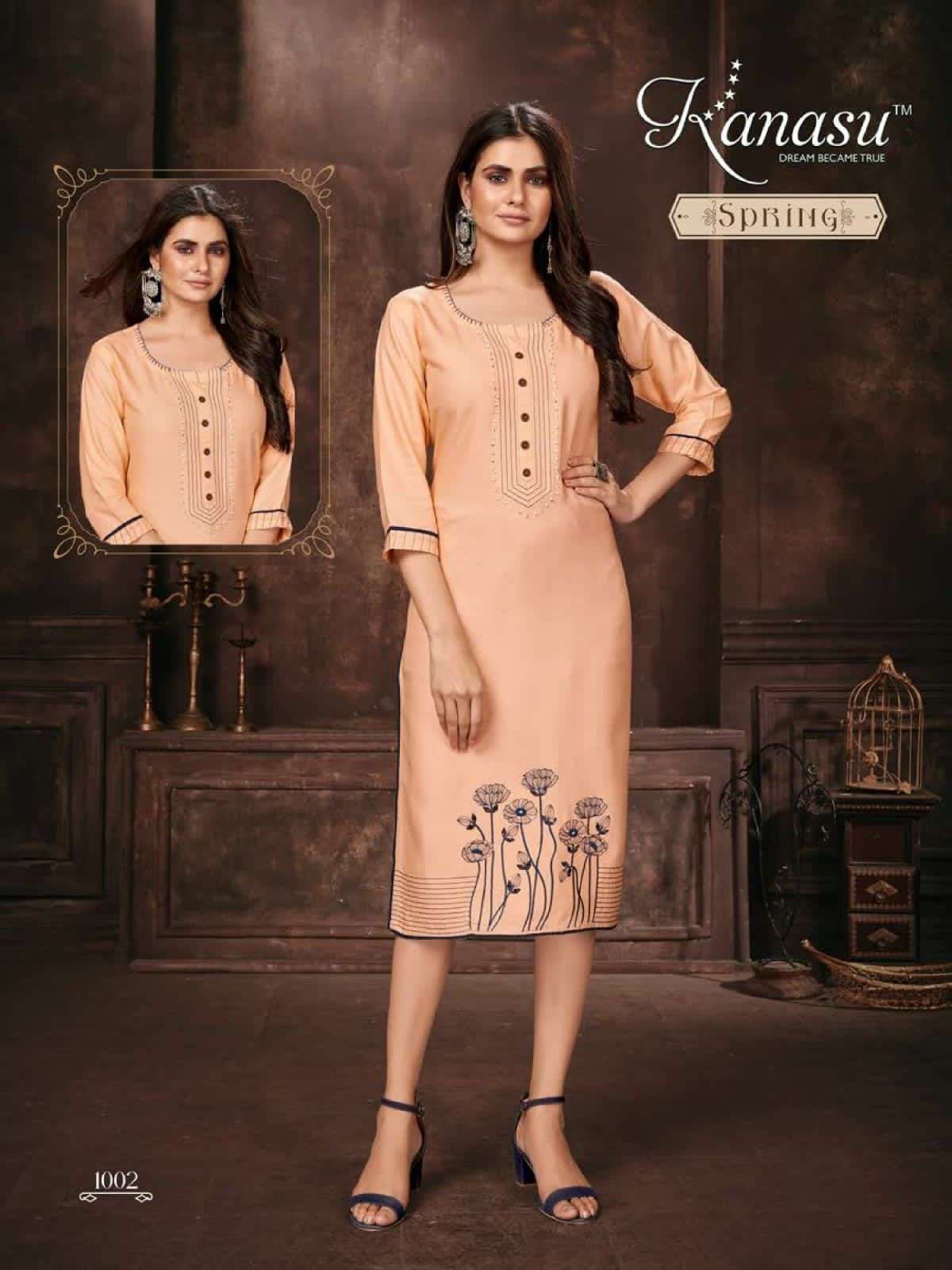 SPRING BY KANASU 1001 TO 1008 SERIES BEAUTIFUL STYLISH FANCY COLORFUL CASUAL WEAR & ETHNIC WEAR RAYON EMBROIDERED KURTIS AT WHOLESALE PRICE
