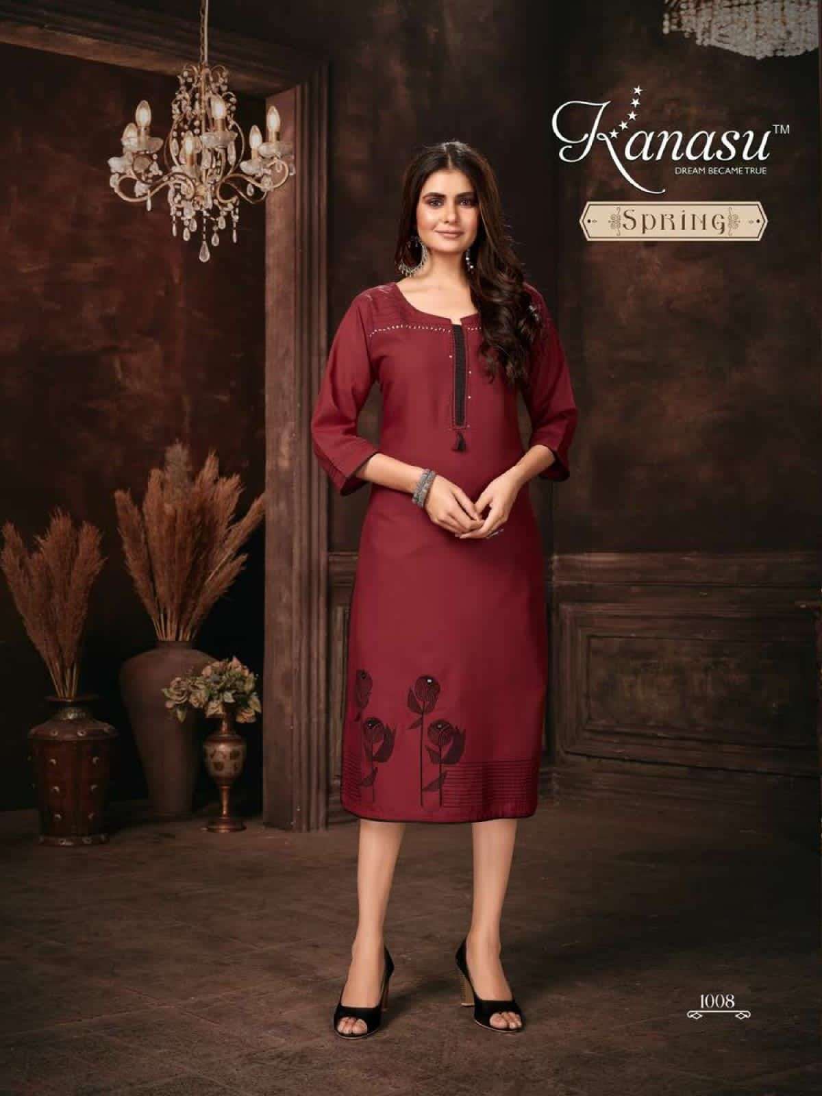 SPRING BY KANASU 1001 TO 1008 SERIES BEAUTIFUL STYLISH FANCY COLORFUL CASUAL WEAR & ETHNIC WEAR RAYON EMBROIDERED KURTIS AT WHOLESALE PRICE