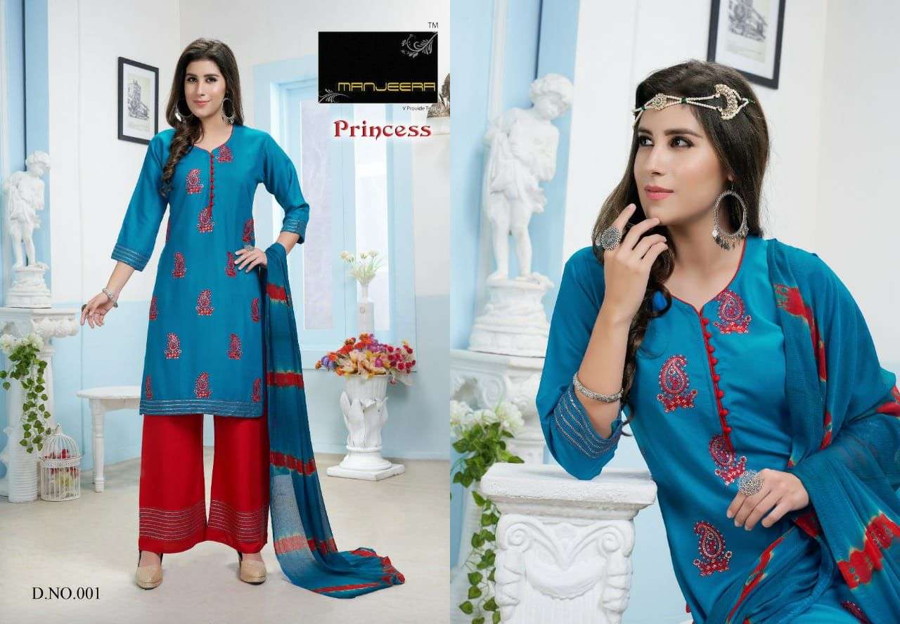 PRINCESS BY MANJEERA 001 TO 008 SERIES BEAUTIFUL SUITS COLORFUL STYLISH FANCY CASUAL WEAR & ETHNIC WEAR RAYON WITH WORK DRESSES AT WHOLESALE PRICE