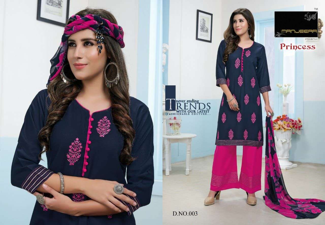 PRINCESS BY MANJEERA 001 TO 008 SERIES BEAUTIFUL SUITS COLORFUL STYLISH FANCY CASUAL WEAR & ETHNIC WEAR RAYON WITH WORK DRESSES AT WHOLESALE PRICE