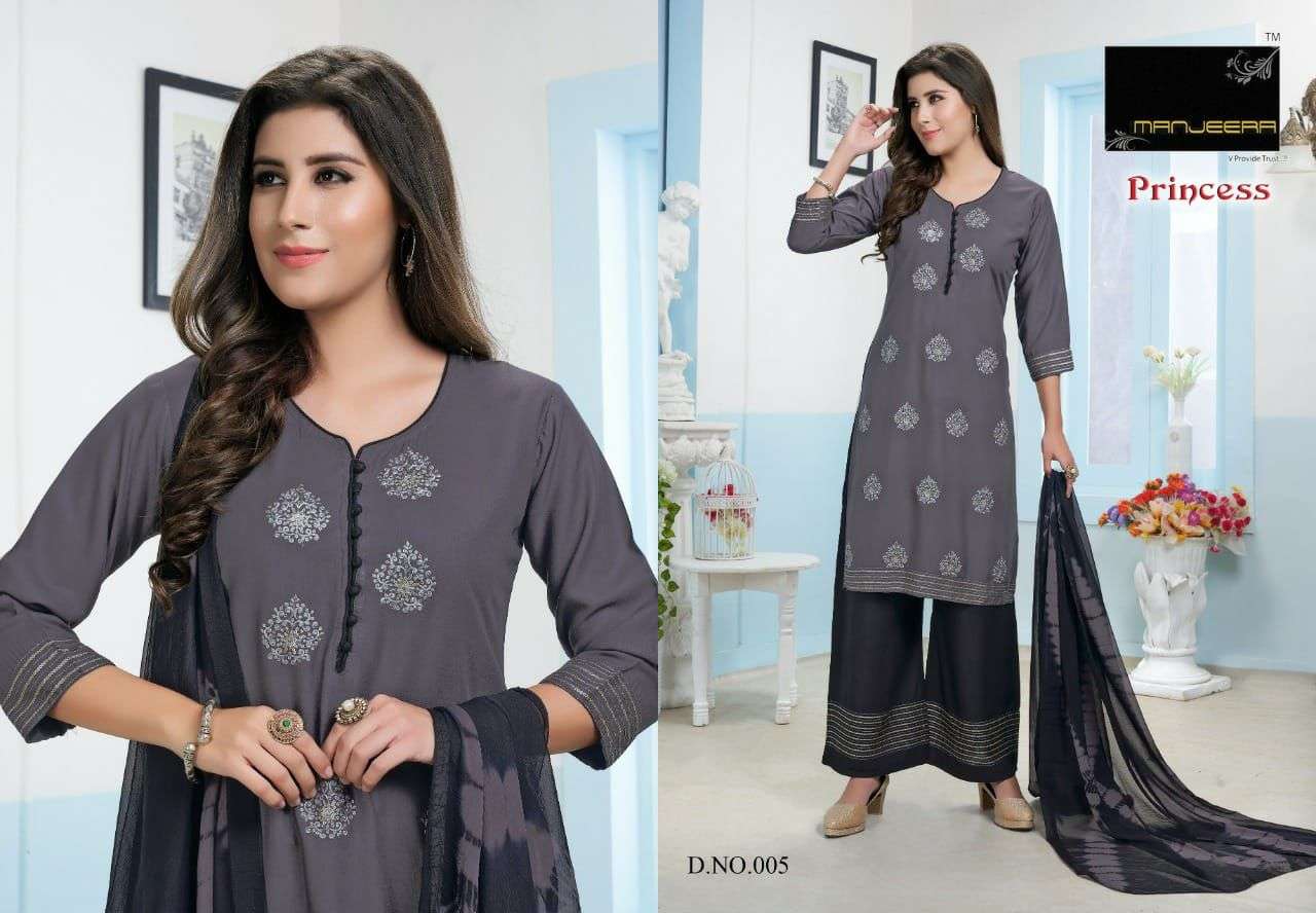 PRINCESS BY MANJEERA 001 TO 008 SERIES BEAUTIFUL SUITS COLORFUL STYLISH FANCY CASUAL WEAR & ETHNIC WEAR RAYON WITH WORK DRESSES AT WHOLESALE PRICE