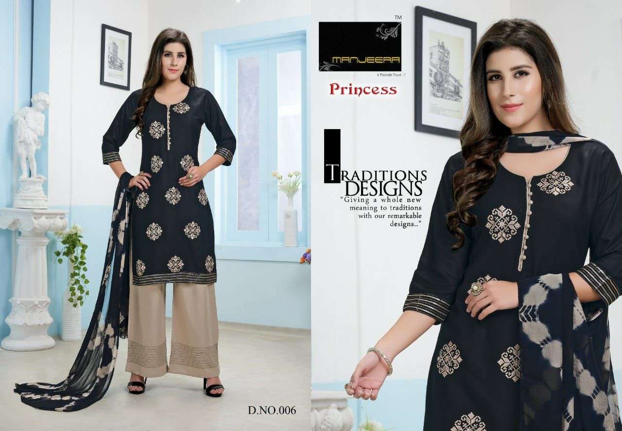 PRINCESS BY MANJEERA 001 TO 008 SERIES BEAUTIFUL SUITS COLORFUL STYLISH FANCY CASUAL WEAR & ETHNIC WEAR RAYON WITH WORK DRESSES AT WHOLESALE PRICE