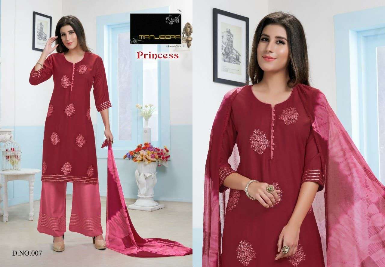 PRINCESS BY MANJEERA 001 TO 008 SERIES BEAUTIFUL SUITS COLORFUL STYLISH FANCY CASUAL WEAR & ETHNIC WEAR RAYON WITH WORK DRESSES AT WHOLESALE PRICE