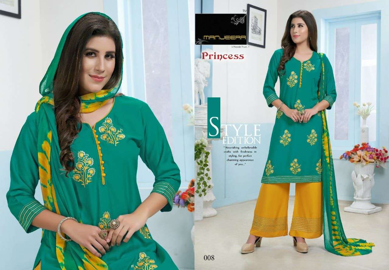 PRINCESS BY MANJEERA 001 TO 008 SERIES BEAUTIFUL SUITS COLORFUL STYLISH FANCY CASUAL WEAR & ETHNIC WEAR RAYON WITH WORK DRESSES AT WHOLESALE PRICE