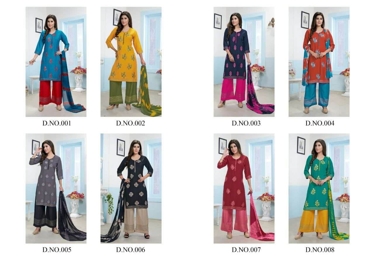 PRINCESS BY MANJEERA 001 TO 008 SERIES BEAUTIFUL SUITS COLORFUL STYLISH FANCY CASUAL WEAR & ETHNIC WEAR RAYON WITH WORK DRESSES AT WHOLESALE PRICE